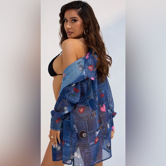 Fashion Nova Other - Sheer Blue Denim Print Button-Up with Graphic Motifs